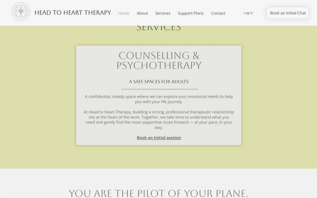 The counselling and psychotherapy service card on a sage background, with a link to book an initial session