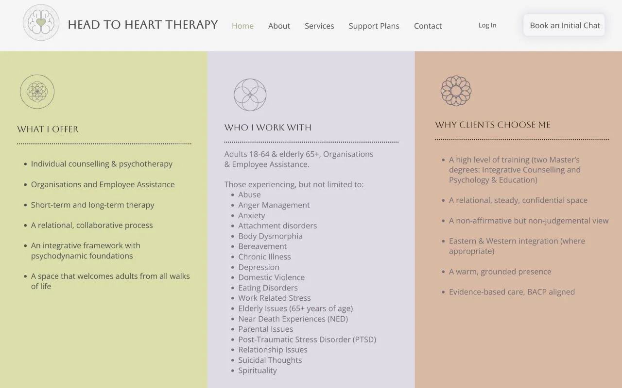 Three soft-coloured columns explaining what Ali offers, who he works with and why clients choose him