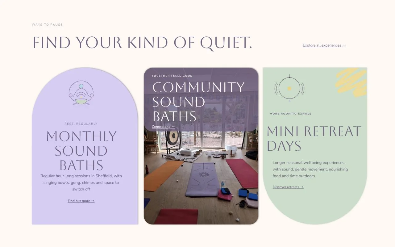 The “Find your kind of quiet” section, with arched cards for monthly sound baths, community sound baths and mini retreat days
