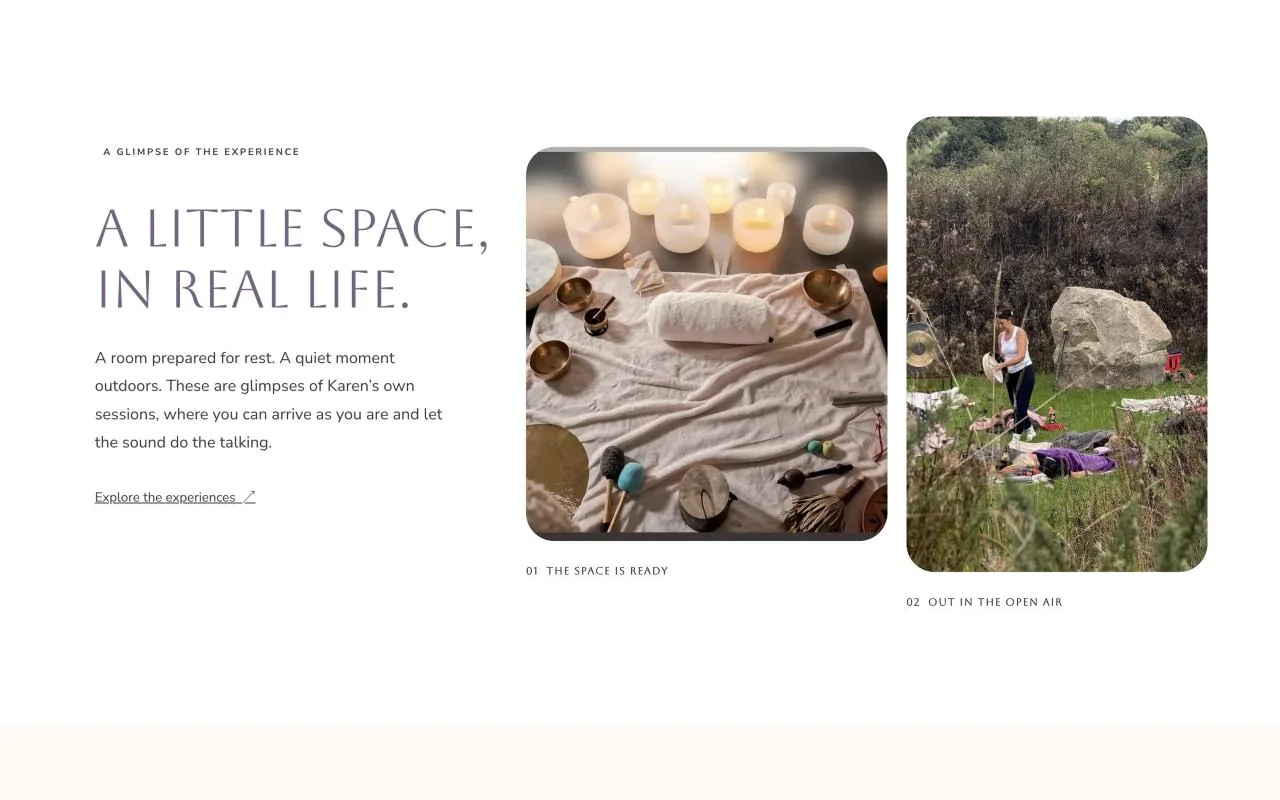 The “A little space, in real life” section, with photographs of a prepared sound bath and an outdoor session